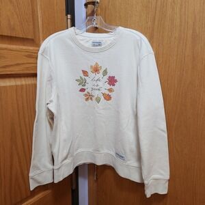 Life is Good Womens Cream Crew Neck Sweatshirt Autumn Leaves Graphic Size L